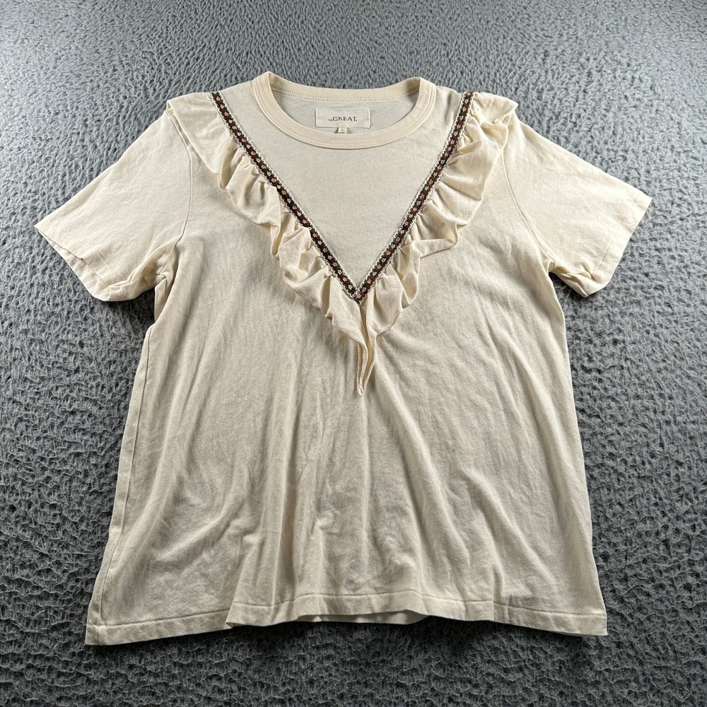 The Great Tee Womens 0 Ivory Ruffle V Floral Ribbon Short Sleeve Cotton Top